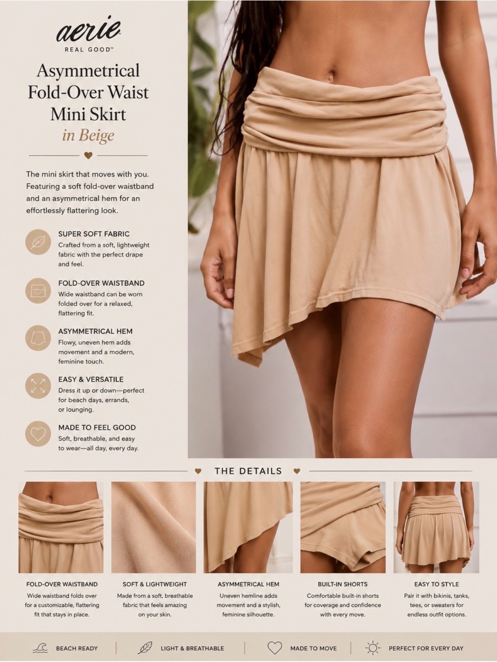 aerie Asymmetrical Fold-Over Waist Mini Skirt in Beige